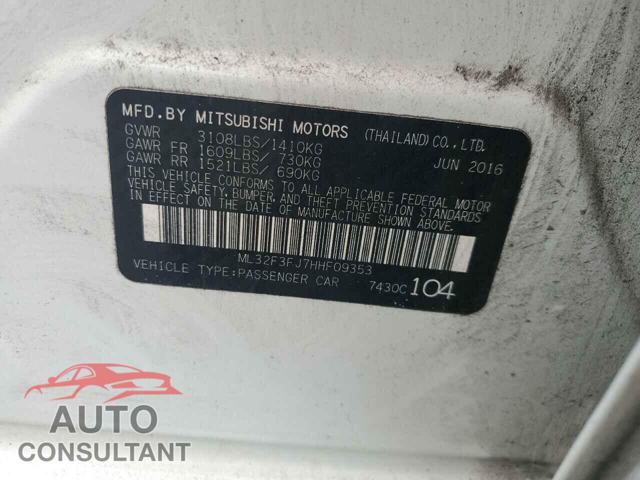 MITSUBISHI MIRAGE 2017 - ML32F3FJ7HHF09353