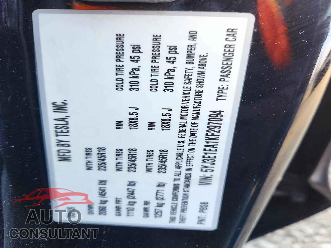 TESLA MODEL 3 2019 - 5YJ3E1EA1KF297094