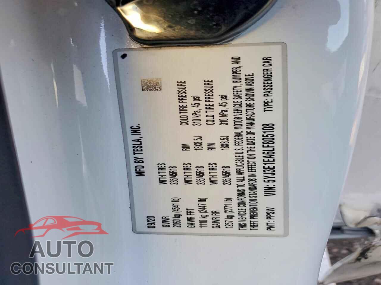TESLA MODEL 3 2020 - 5YJ3E1EA6LF805108