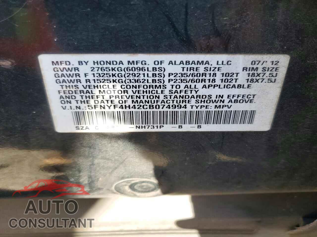 HONDA PILOT 2012 - 5FNYF4H42CB074994