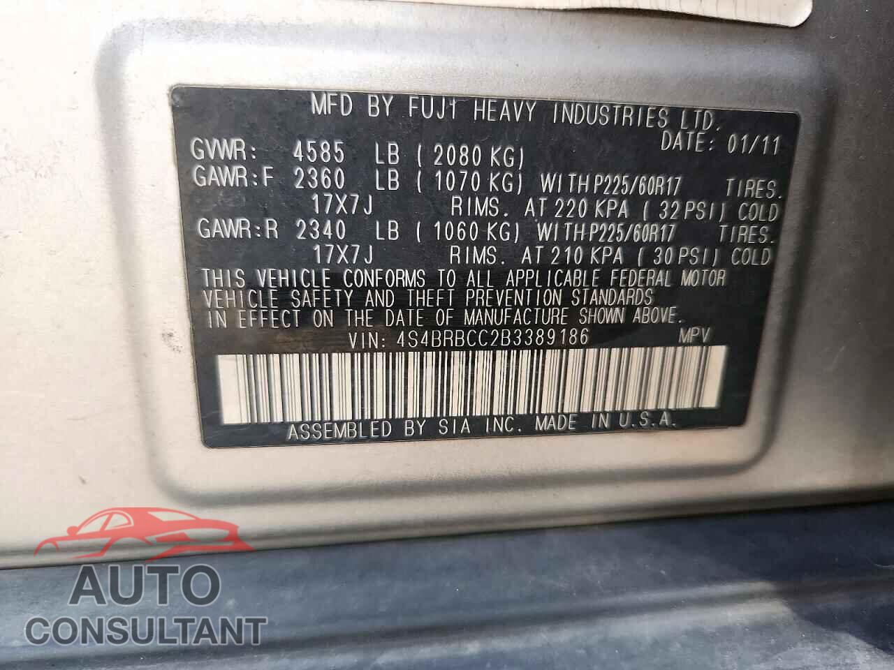 SUBARU OUTBACK 2011 - 4S4BRBCC2B3389186