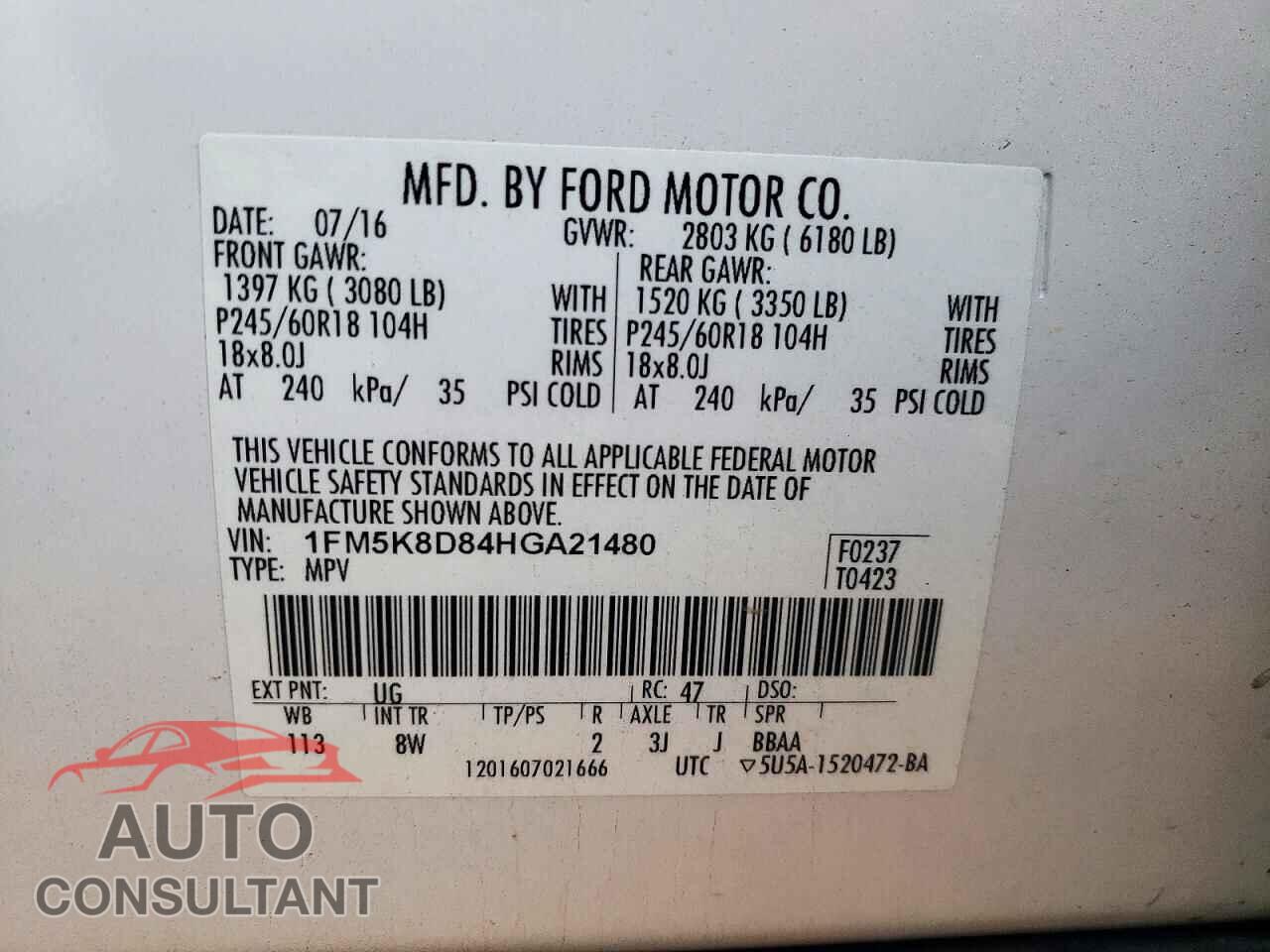 FORD EXPLORER 2017 - 1FM5K8D84HGA21480