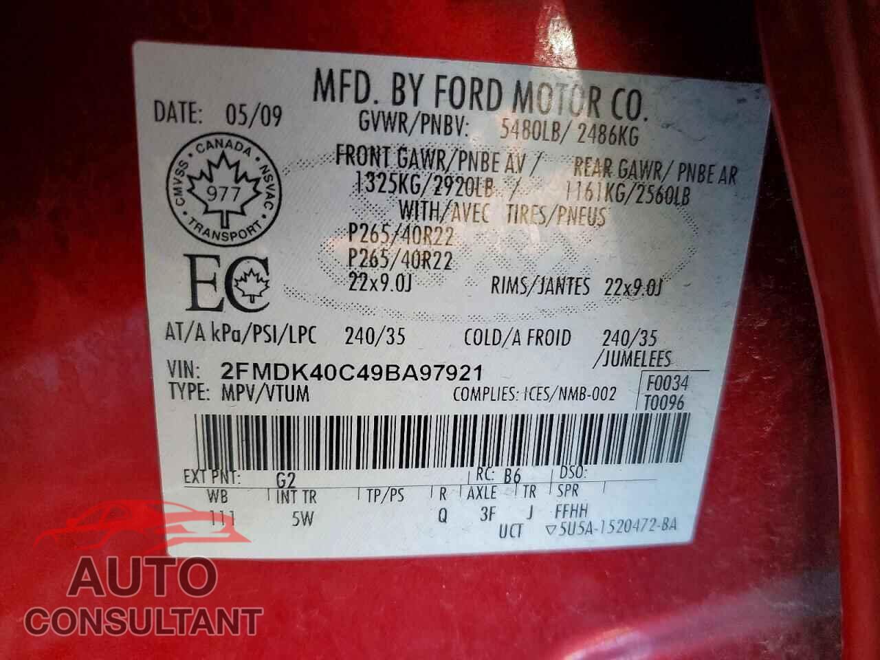 FORD EDGE 2009 - 2FMDK40C49BA97921