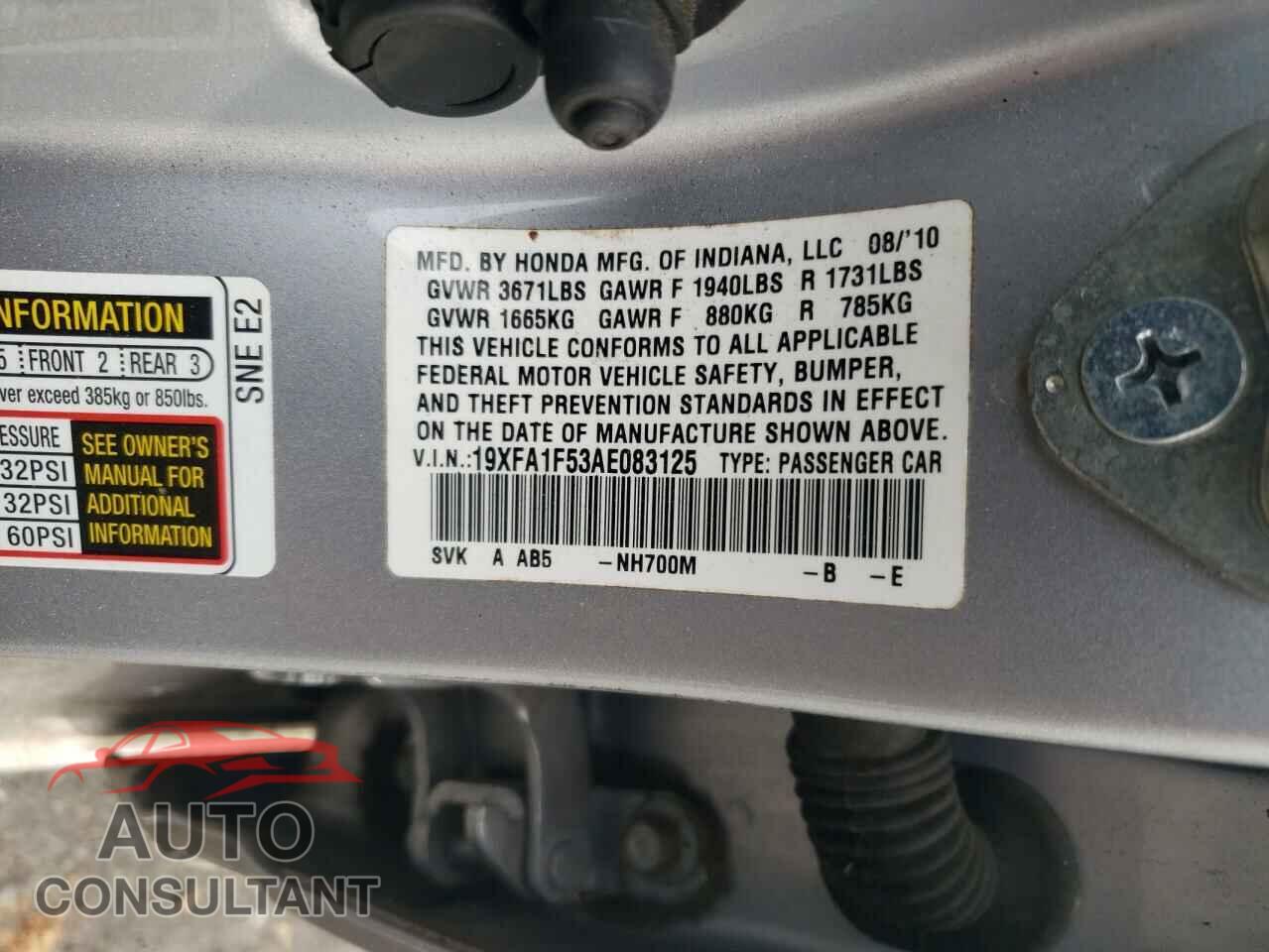 HONDA CIVIC 2010 - 19XFA1F53AE083125