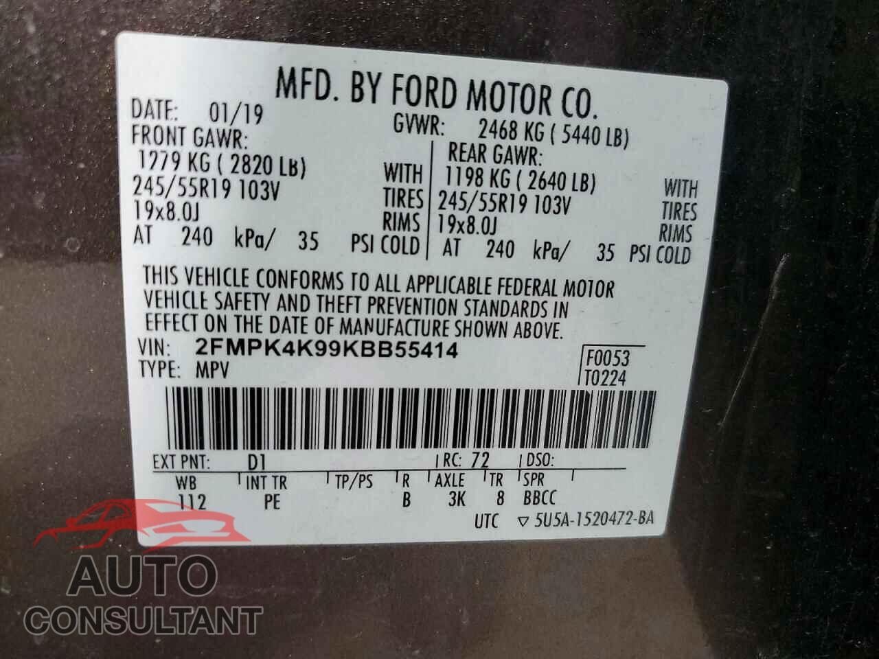 FORD EDGE 2019 - 2FMPK4K99KBB55414