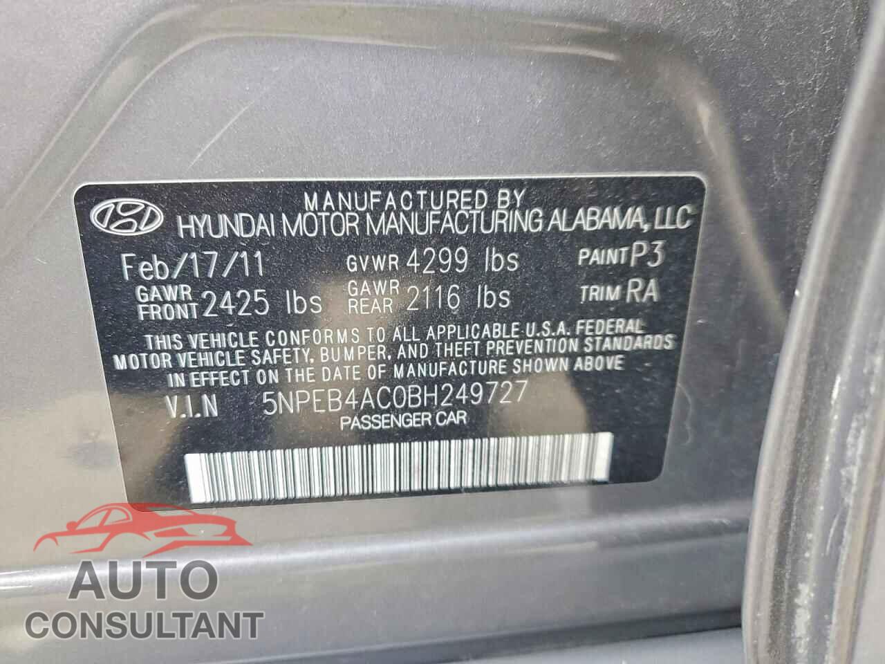 HYUNDAI SONATA 2011 - 5NPEB4AC0BH249727