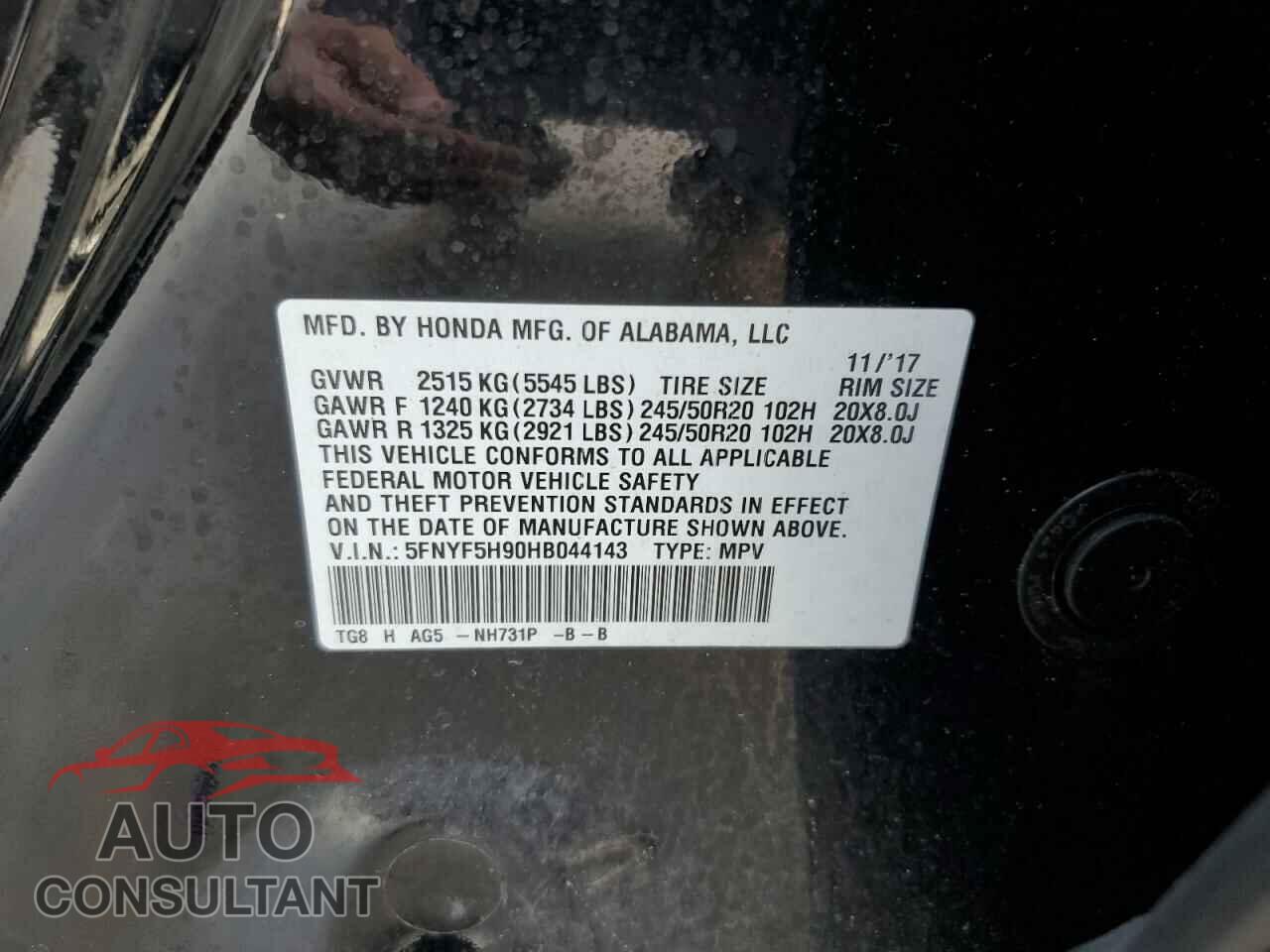 HONDA PILOT 2017 - 5FNYF5H90HB044143