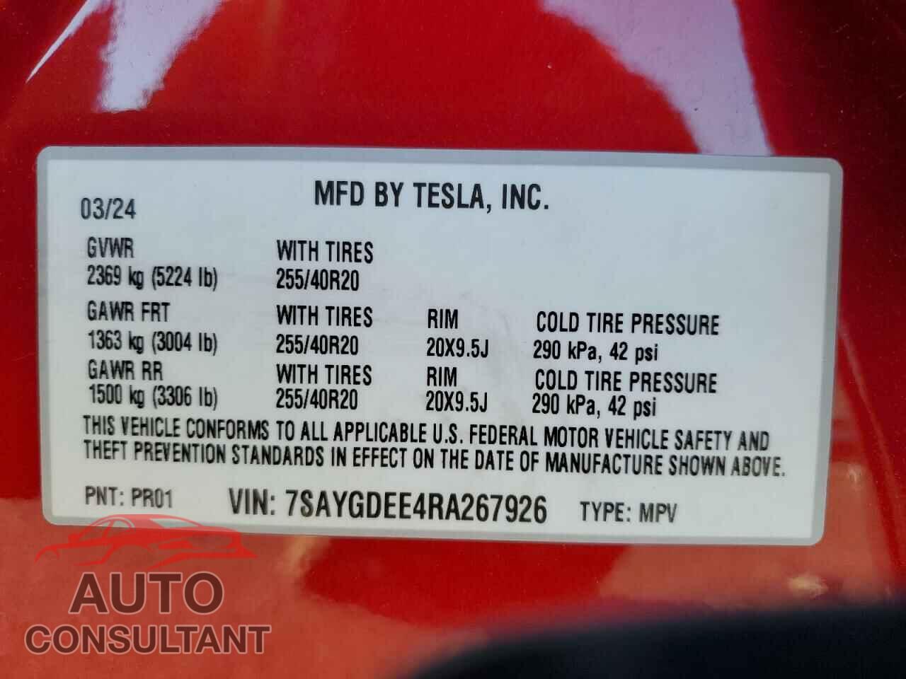 TESLA MODEL Y 2024 - 7SAYGDEE4RA267926
