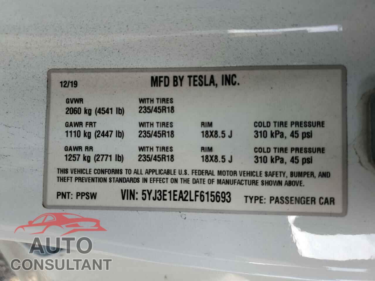 TESLA MODEL 3 2020 - 5YJ3E1EA2LF615693