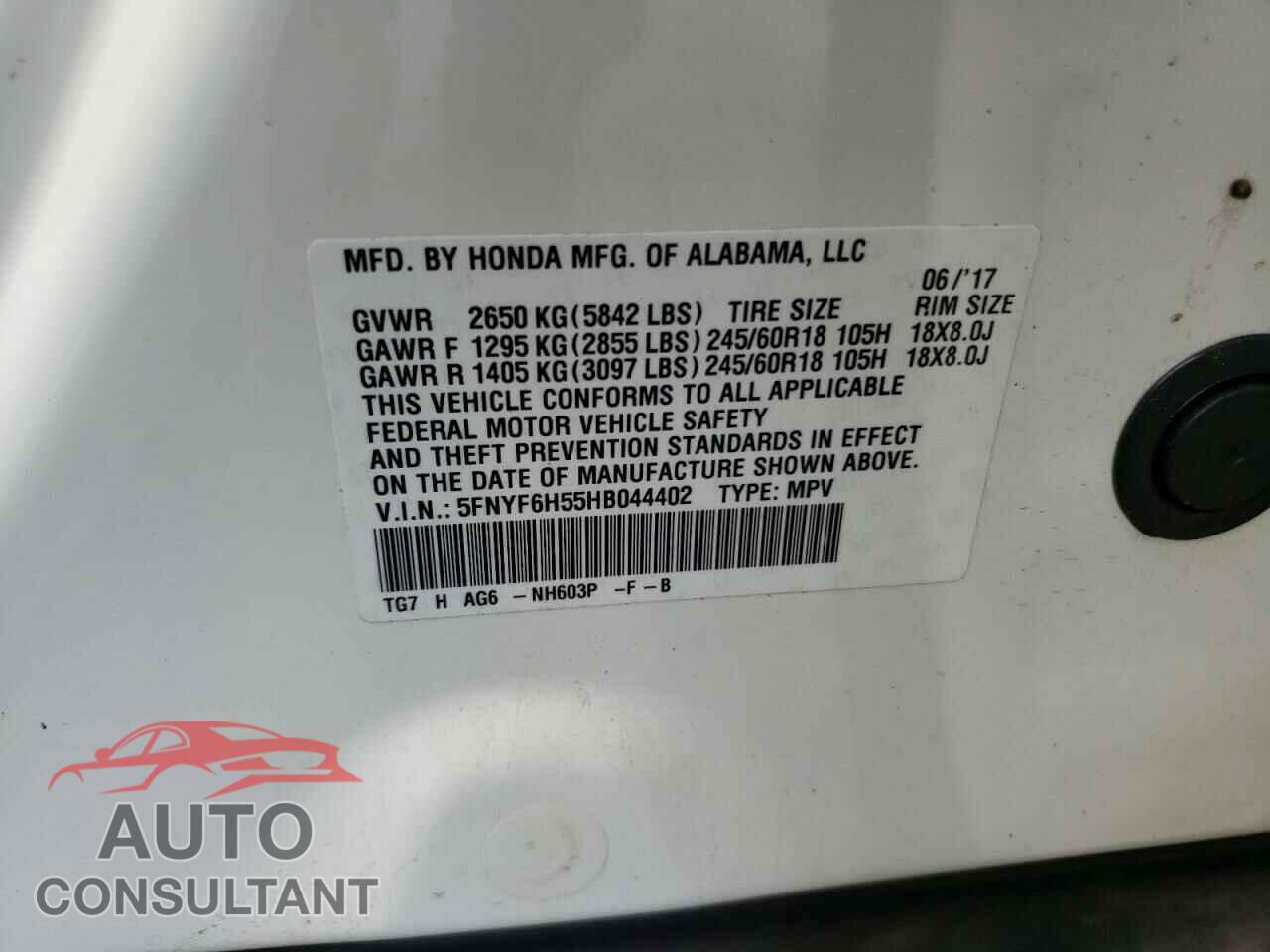 HONDA PILOT 2017 - 5FNYF6H55HB044402