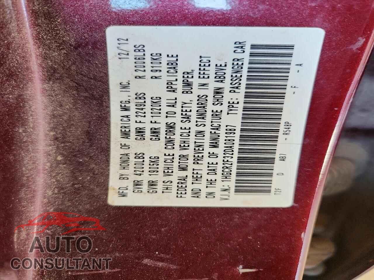HONDA ACCORD 2013 - 1HGCR2F32DA081987