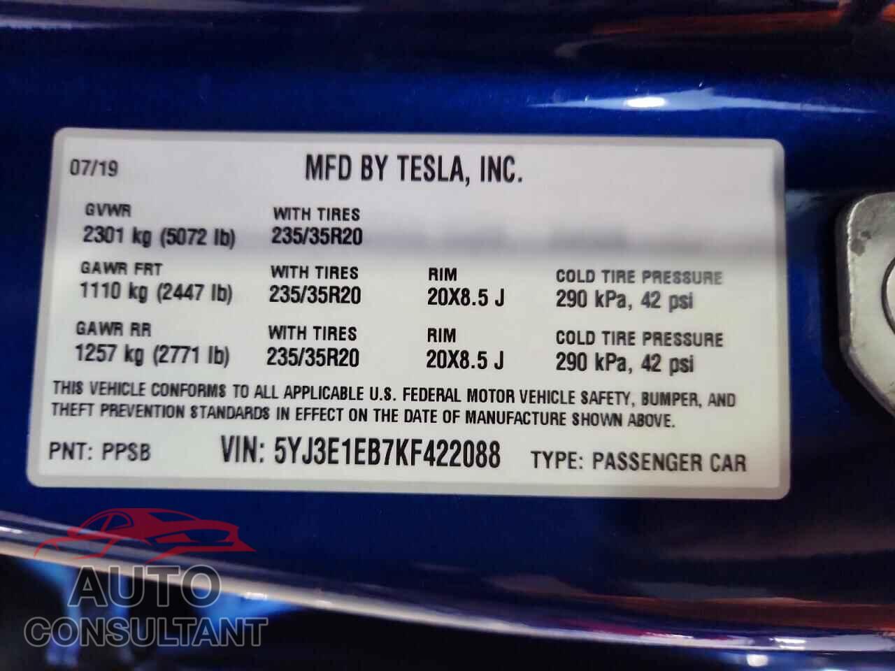 TESLA MODEL 3 2019 - 5YJ3E1EB7KF422088
