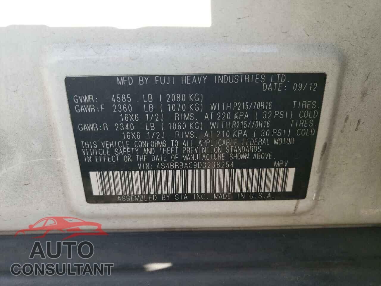 SUBARU OUTBACK 2013 - 4S4BRBAC9D3238254