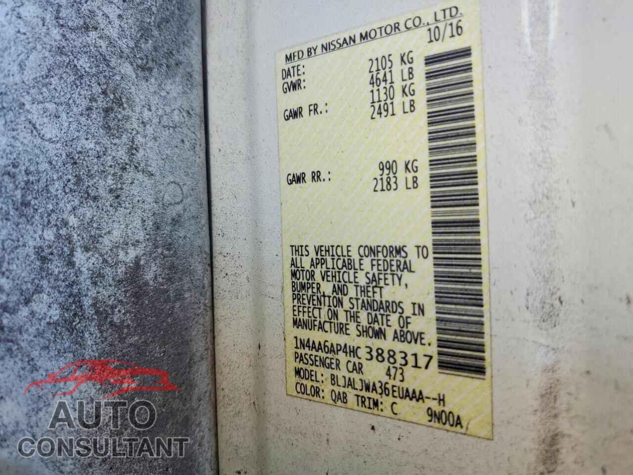 NISSAN MAXIMA 2017 - 1N4AA6AP4HC388317