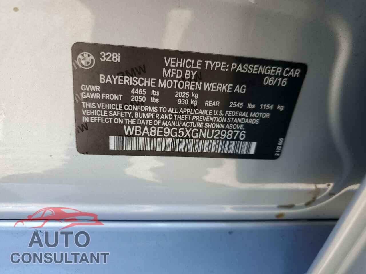 BMW 3 SERIES 2016 - WBA8E9G5XGNU29876