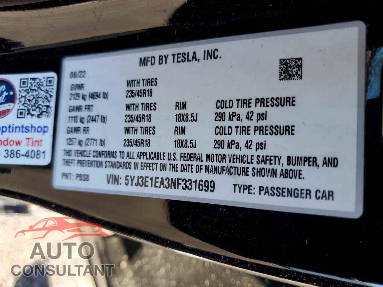 TESLA MODEL 3 2022 - 5YJ3E1EA3NF331699