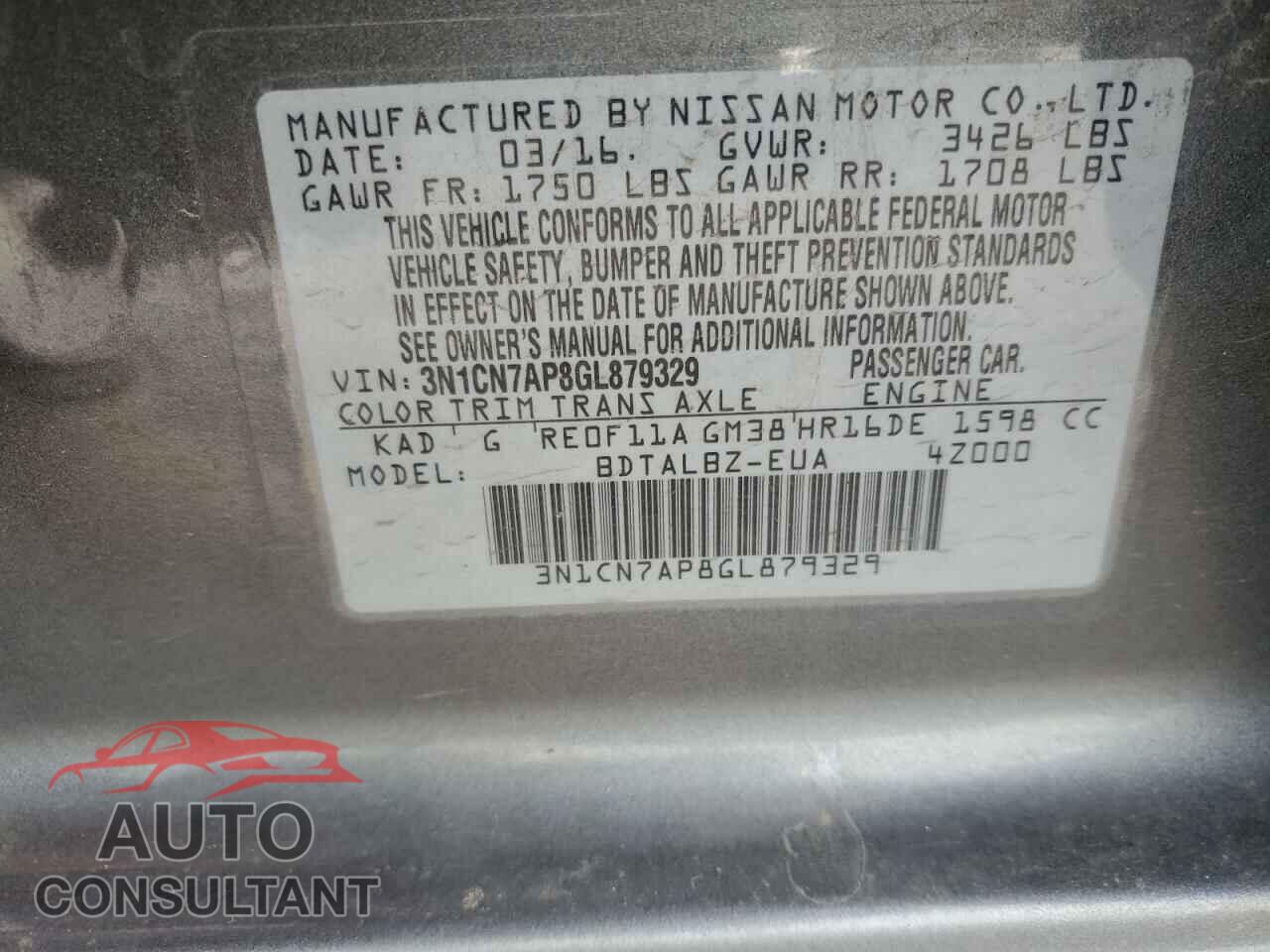 NISSAN VERSA 2016 - 3N1CN7AP8GL879329