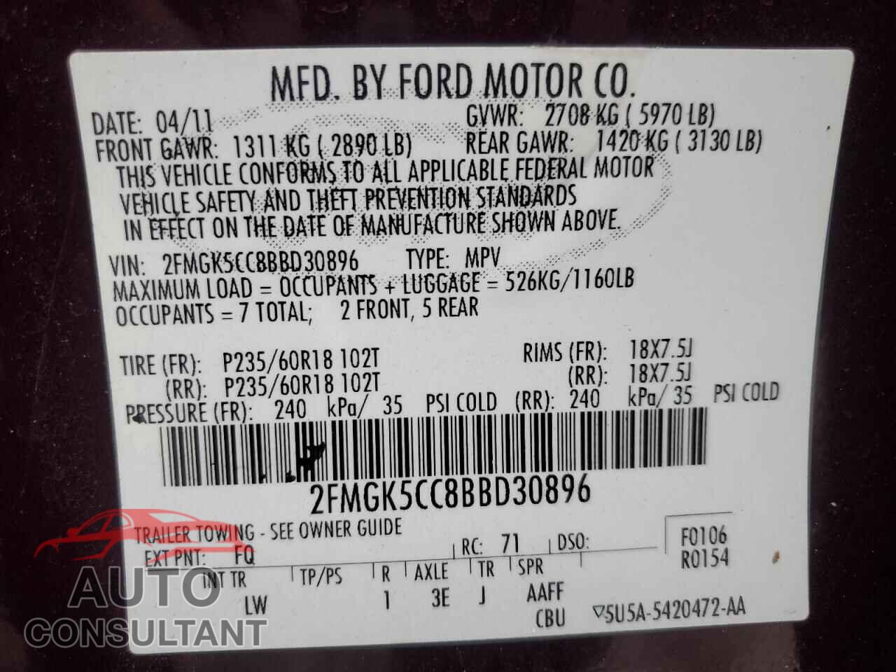 FORD FLEX 2011 - 2FMGK5CC8BBD30896