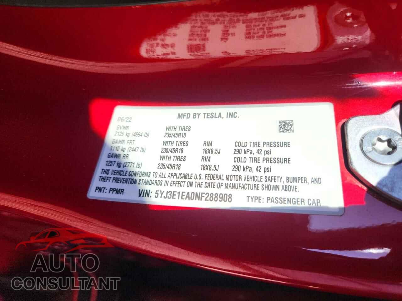 TESLA MODEL 3 2022 - 5YJ3E1EA0NF288908