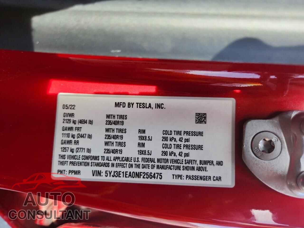 TESLA MODEL 3 2022 - 5YJ3E1EA0NF256475
