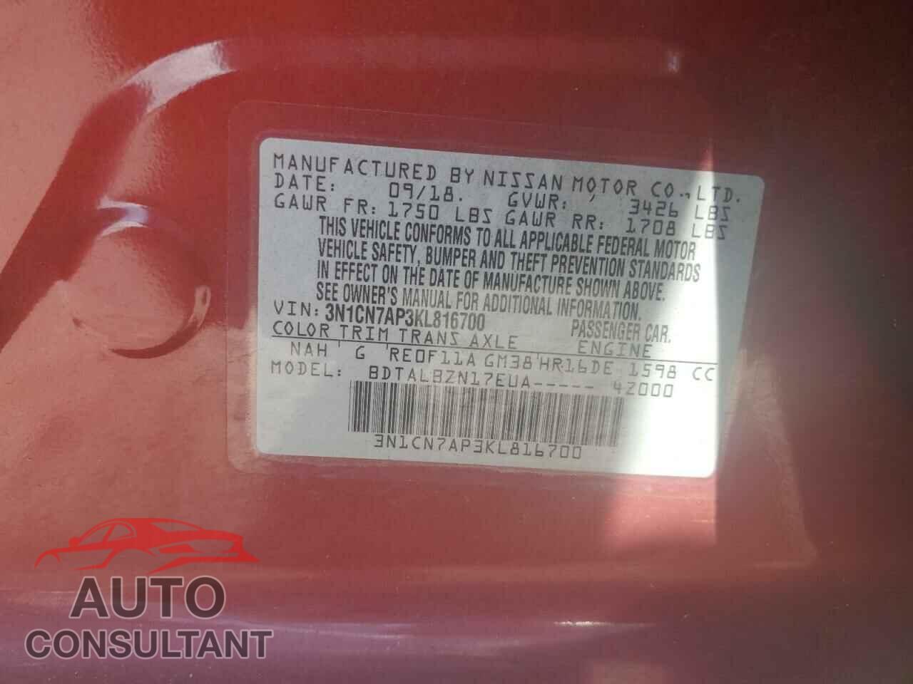 NISSAN VERSA 2019 - 3N1CN7AP3KL816700