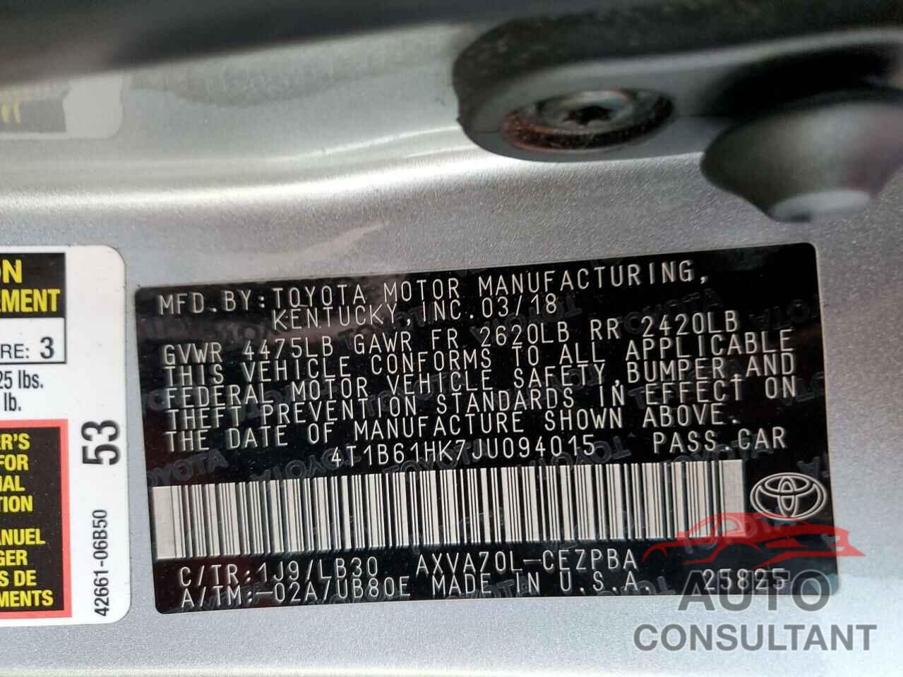 TOYOTA CAMRY 2018 - 4T1B61HK7JU094015