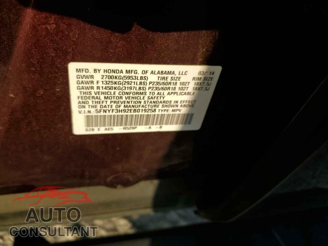 HONDA PILOT 2014 - 5FNYF3H92EB019258