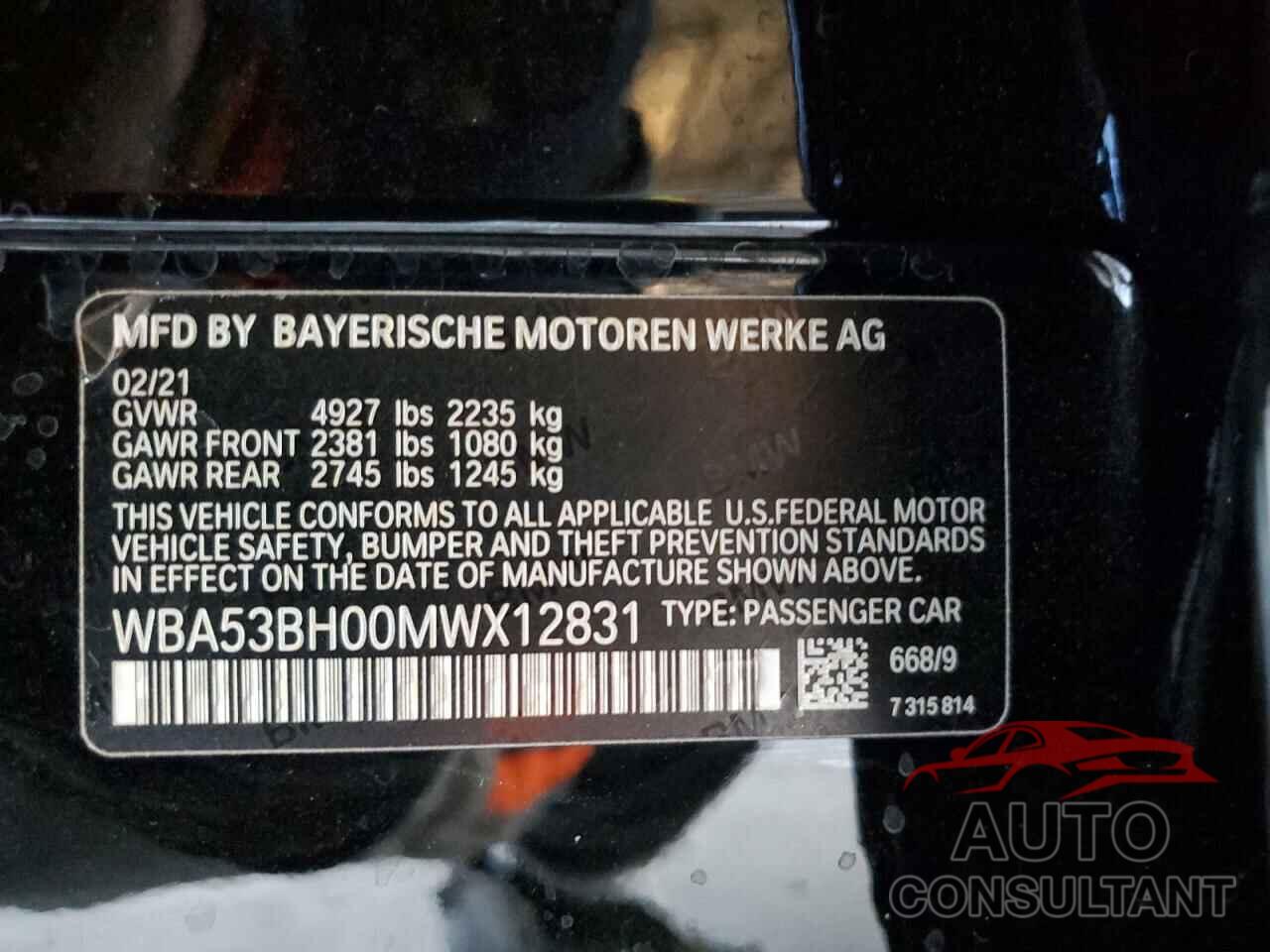 BMW 5 SERIES 2021 - WBA53BH00MWX12831