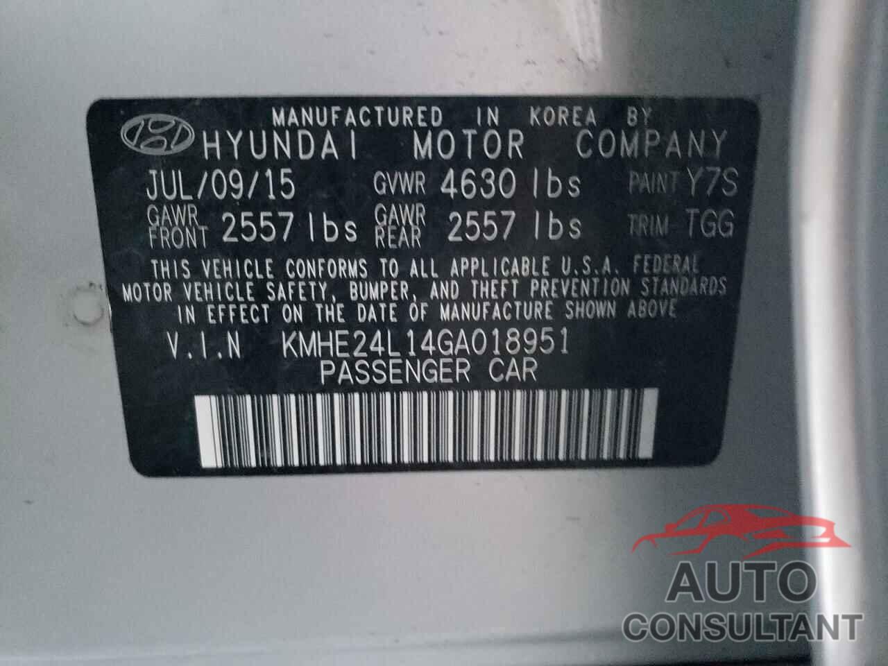 HYUNDAI SONATA 2016 - KMHE24L14GA018951