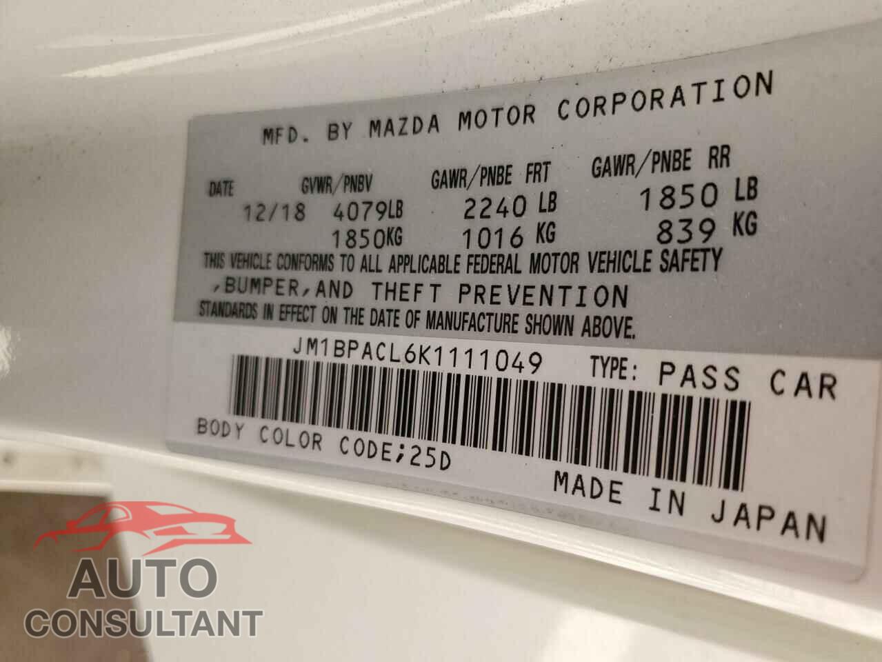 MAZDA 3 2019 - JM1BPACL6K1111049