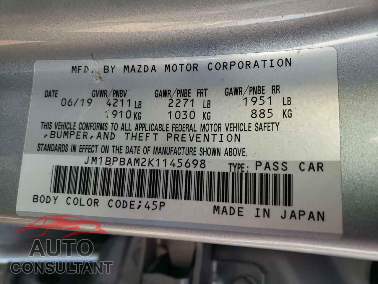 MAZDA 3 2019 - JM1BPBAM2K1145698