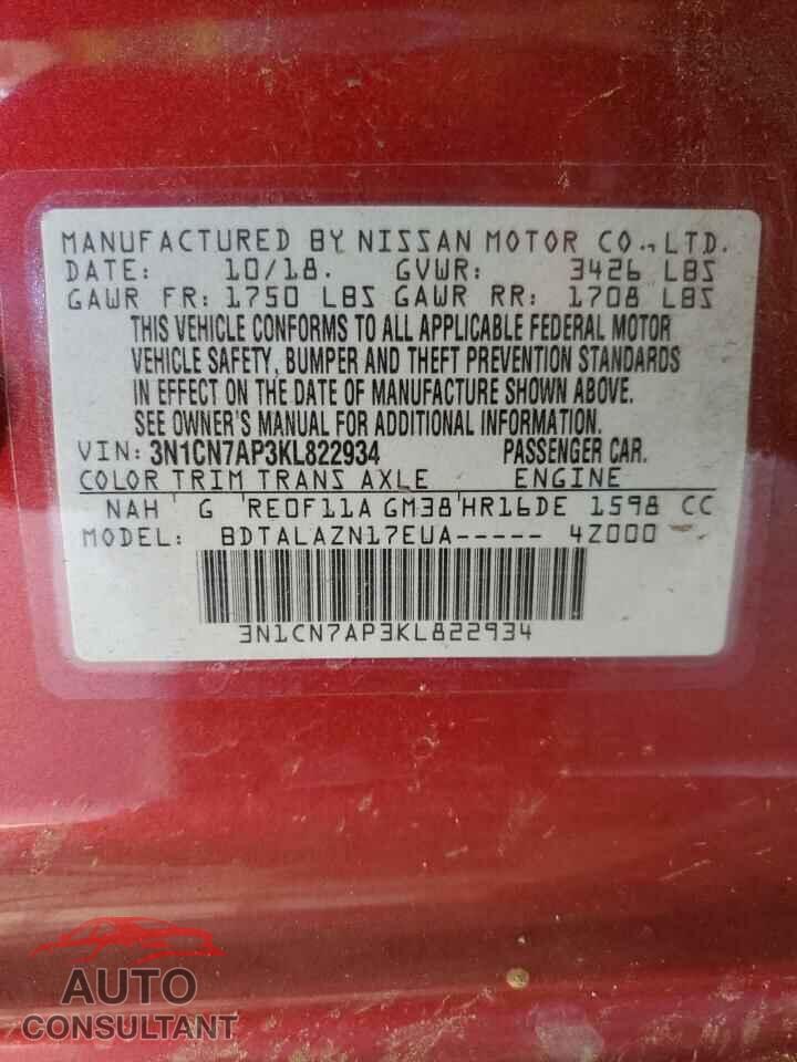 NISSAN VERSA 2019 - 3N1CN7AP3KL822934
