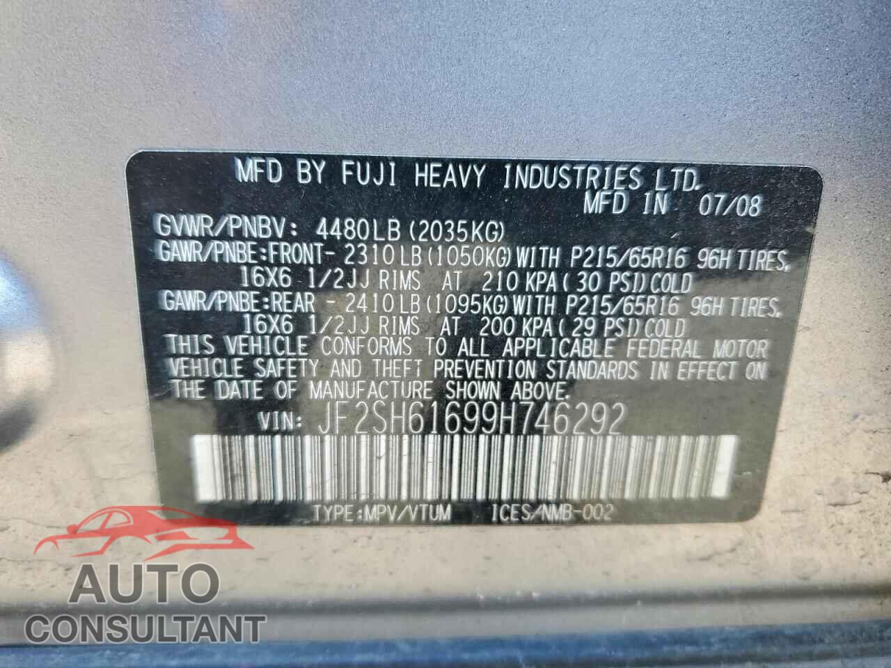 SUBARU FORESTER 2009 - JF2SH61699H746292