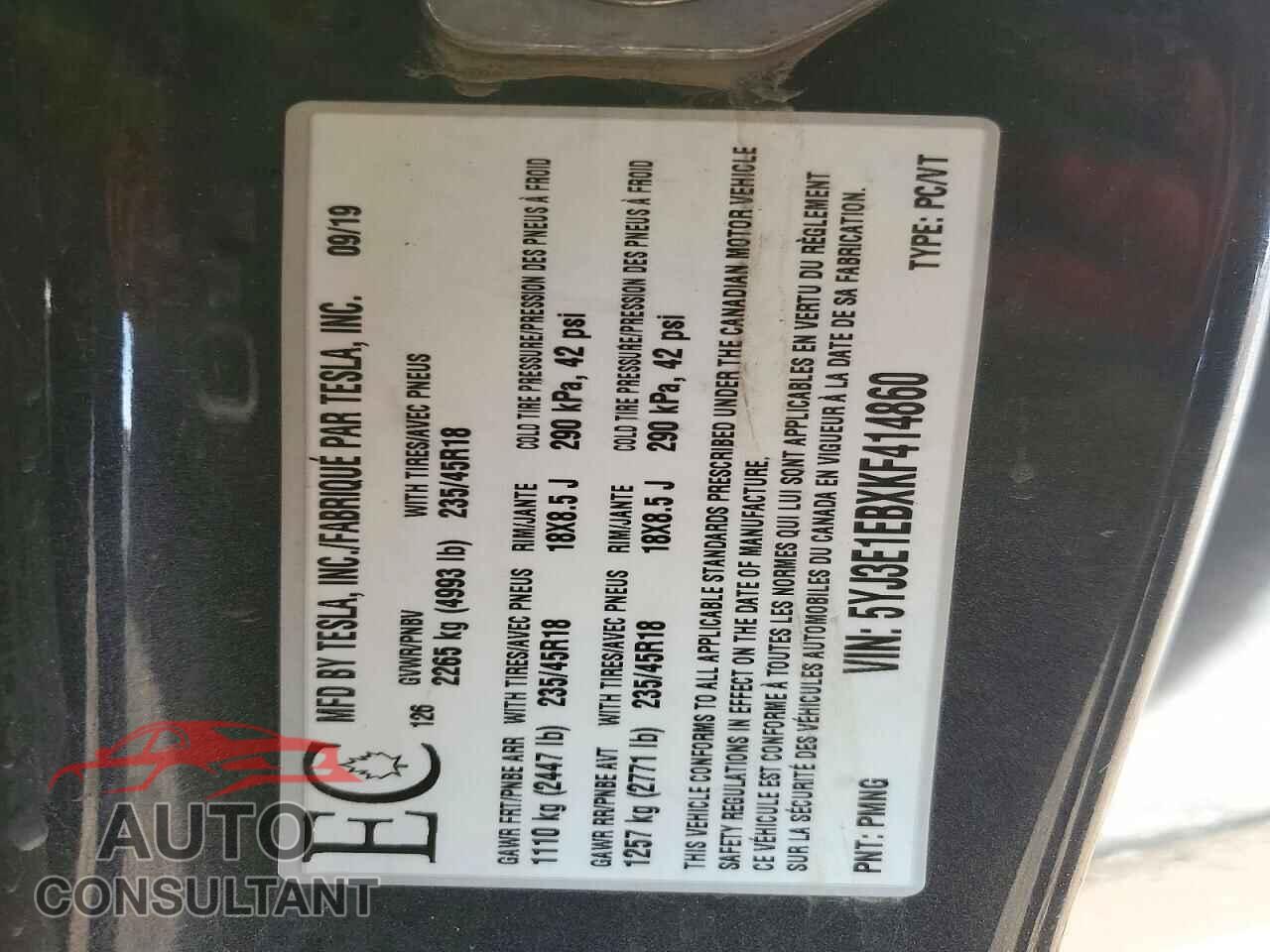 TESLA MODEL 3 2019 - 5YJ3E1EBXKF414860
