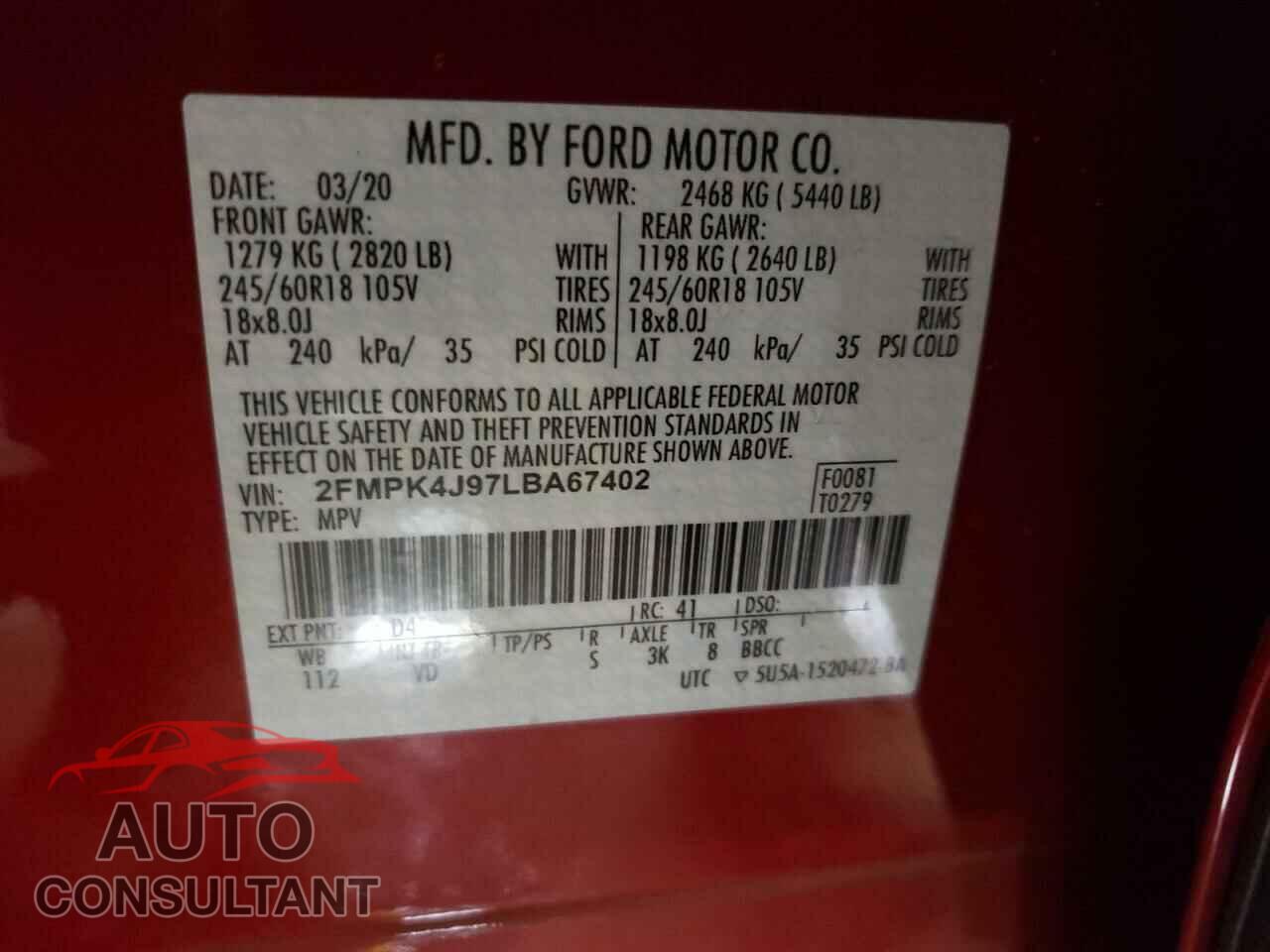 FORD EDGE 2020 - 2FMPK4J97LBA67402