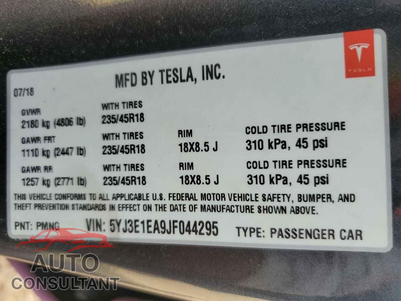 TESLA MODEL 3 2018 - 5YJ3E1EA9JF044295