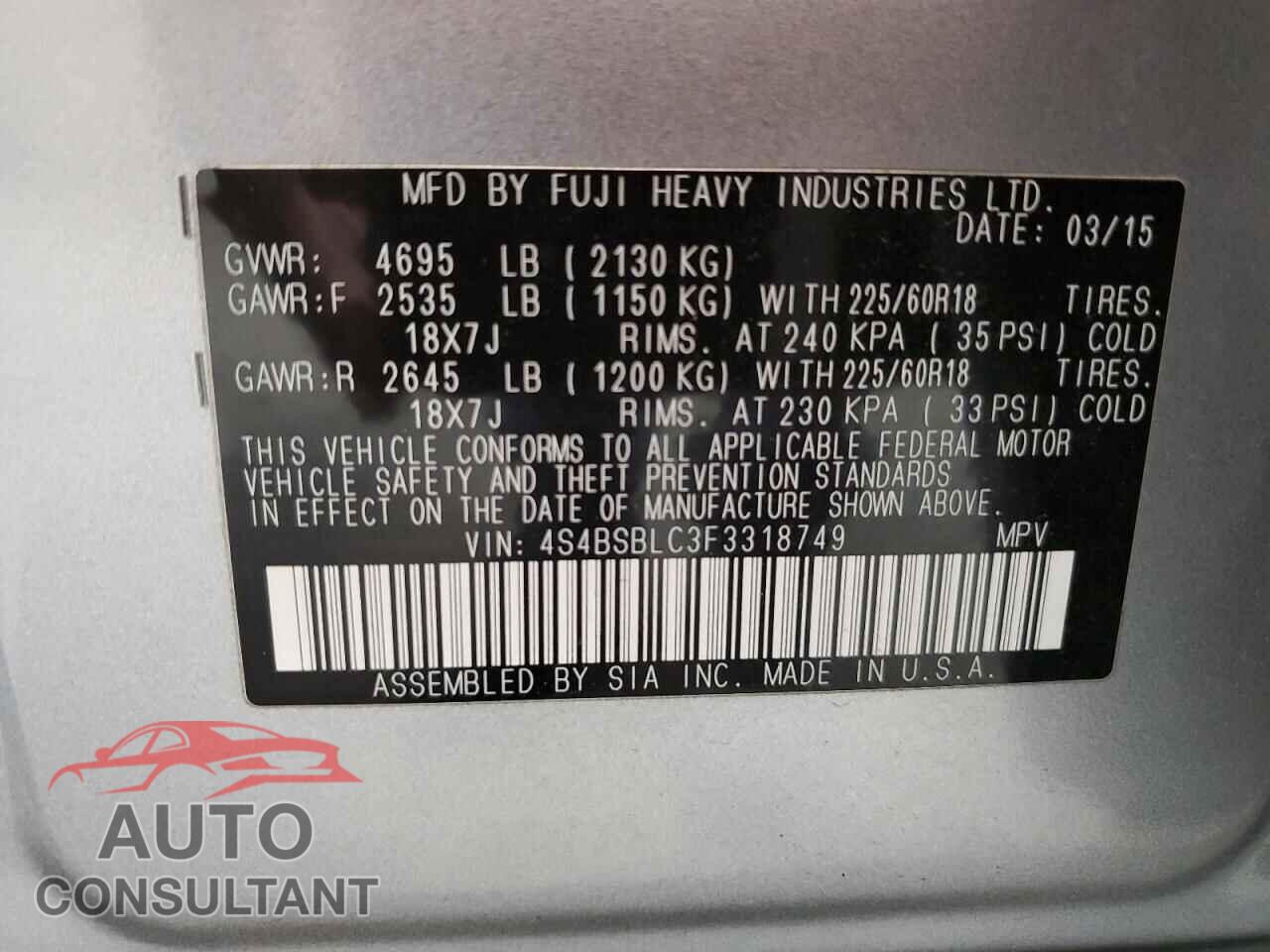 SUBARU OUTBACK 2015 - 4S4BSBLC3F3318749