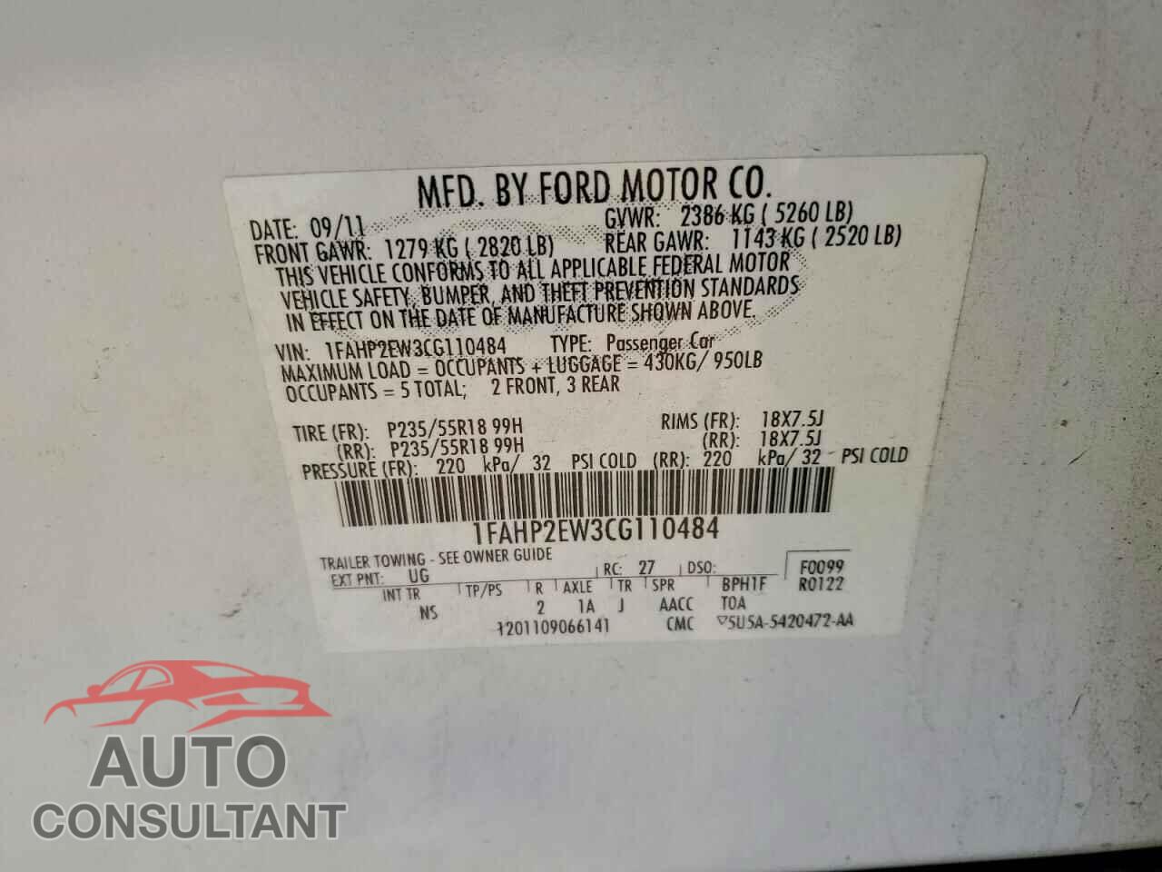 FORD TAURUS 2012 - 1FAHP2EW3CG110484