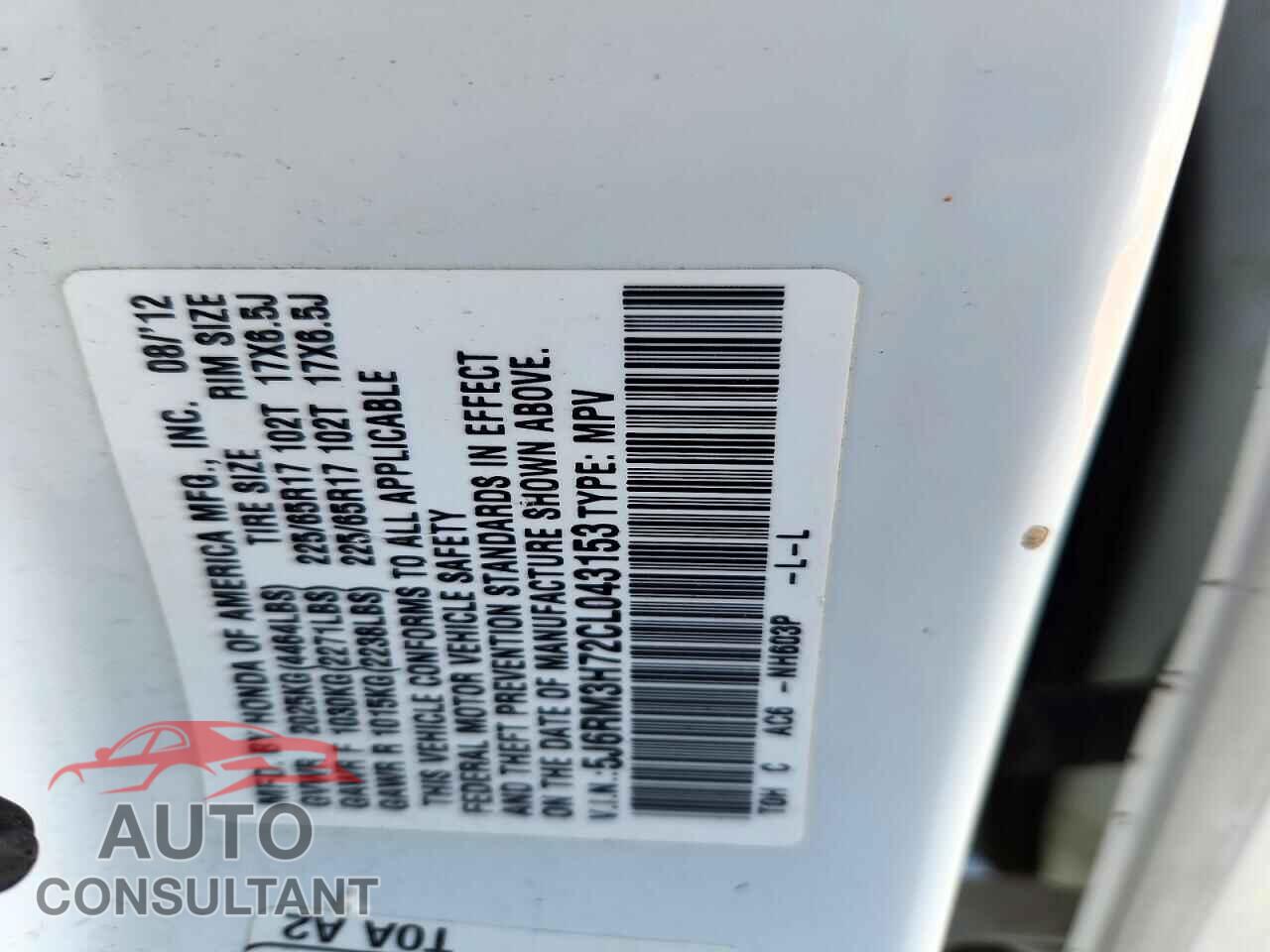 HONDA CRV 2012 - 5J6RM3H72CL043153
