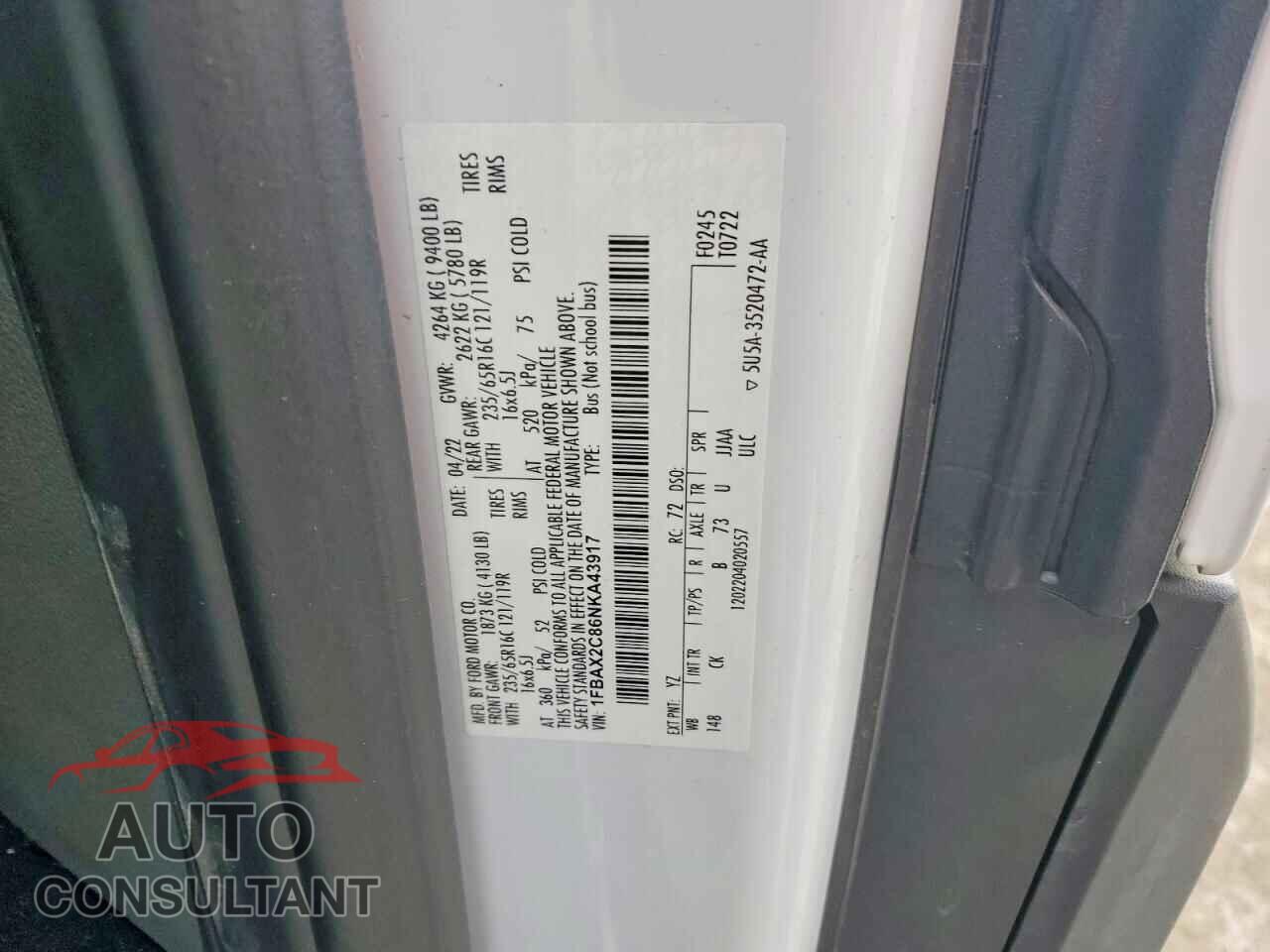 FORD TRANSIT 2022 - 1FBAX2C86NKA43917