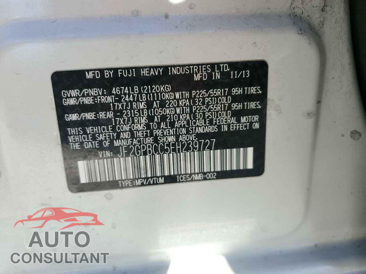 SUBARU XV 2014 - JF2GPBCC5EH239727
