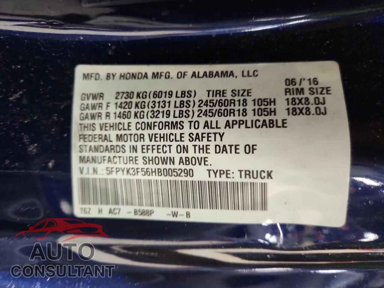 HONDA RIDGELINE 2017 - 5FPYK3F56HB005290