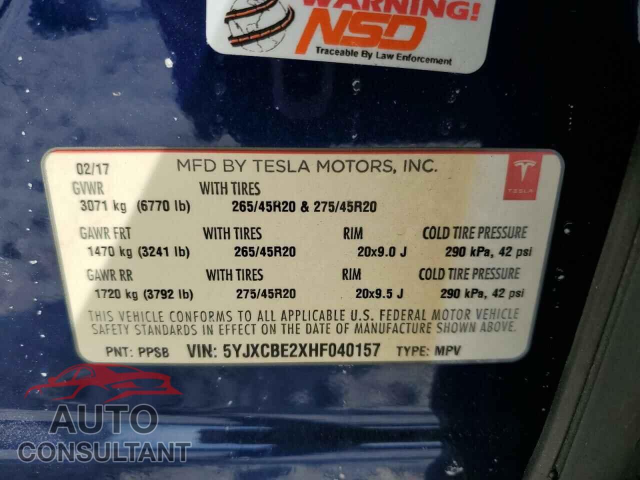 TESLA MODEL X 2017 - 5YJXCBE2XHF040157
