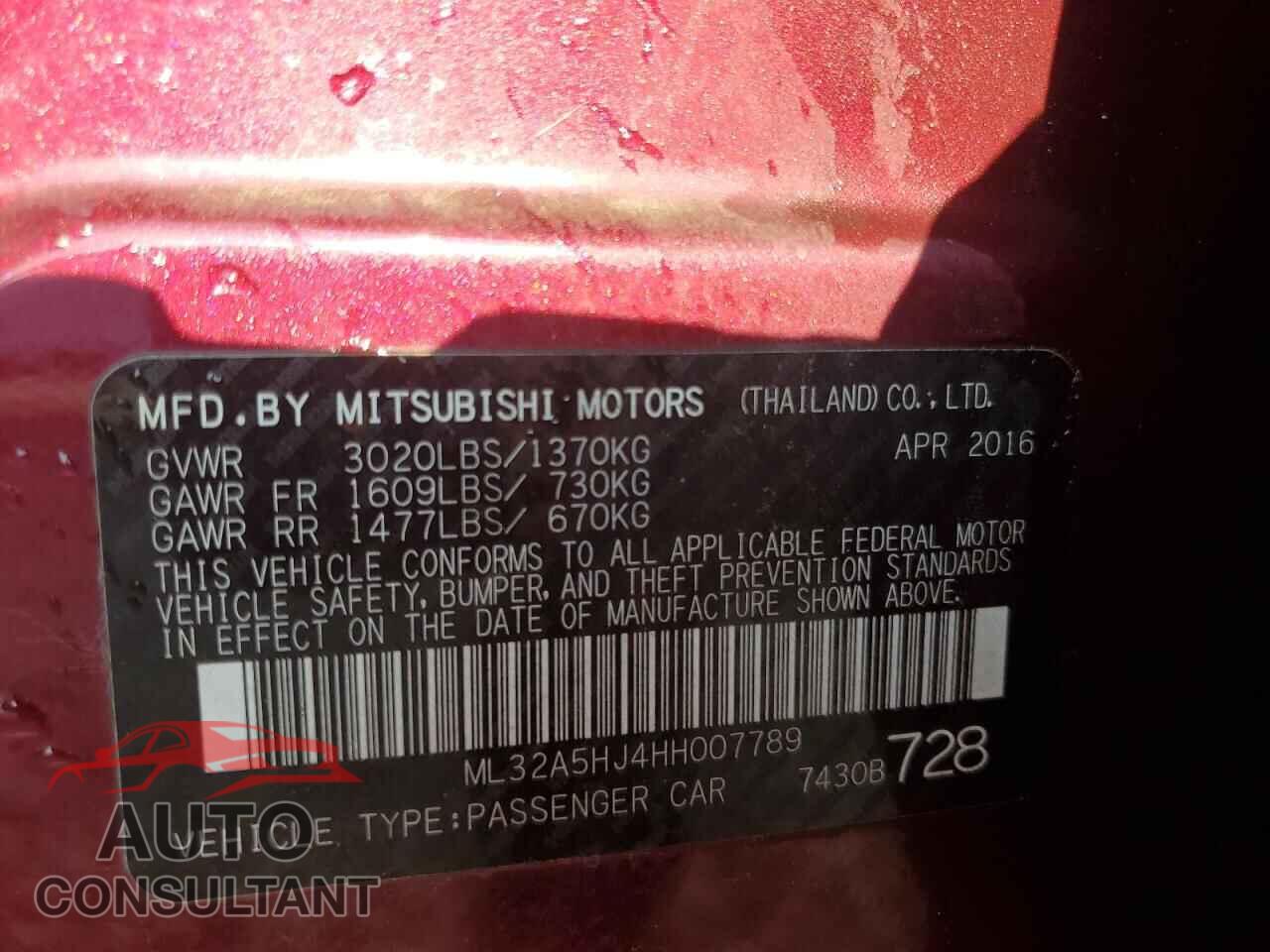 MITSUBISHI MIRAGE 2017 - ML32A5HJ4HH007789