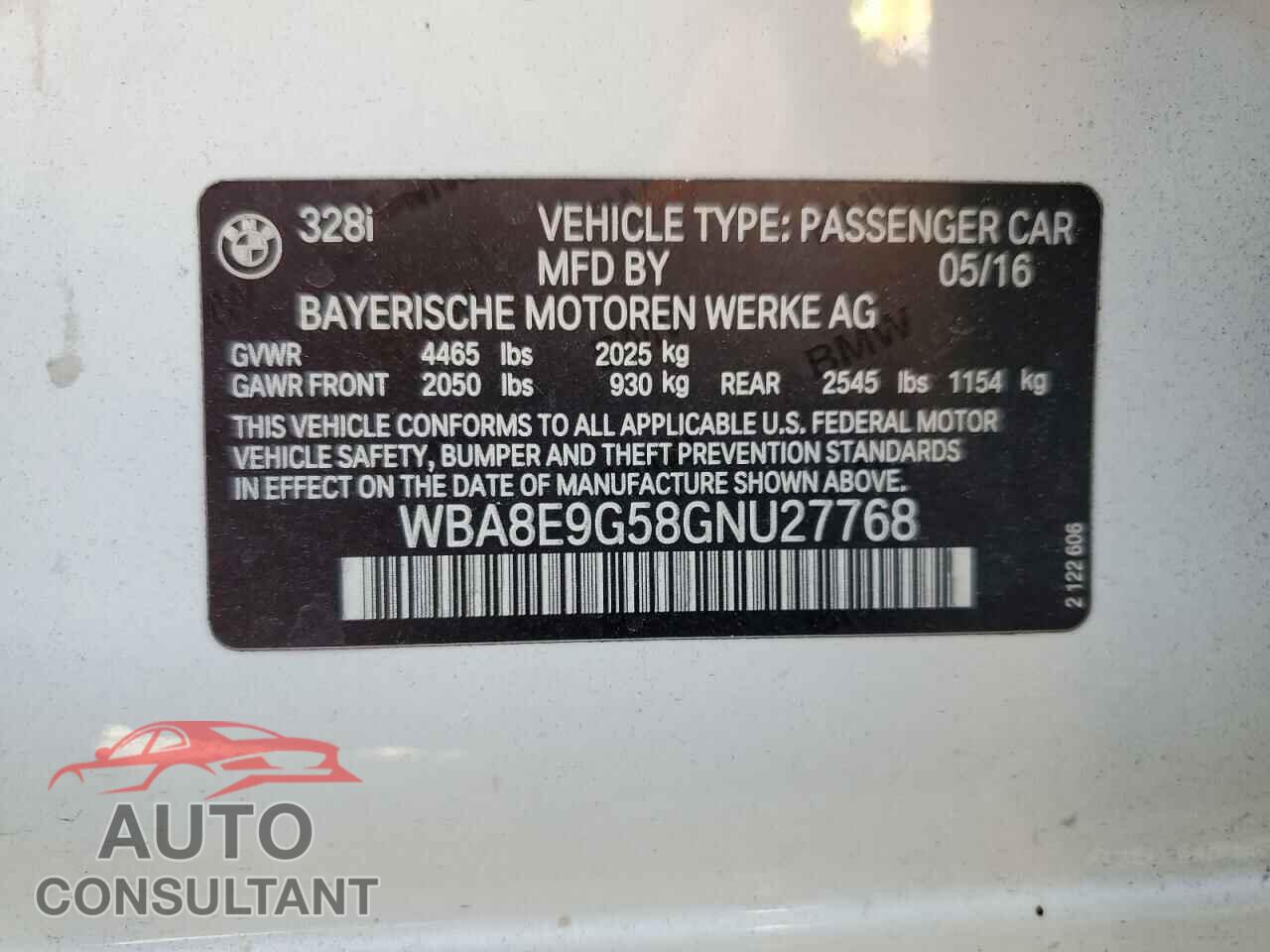 BMW 3 SERIES 2016 - WBA8E9G58GNU27768