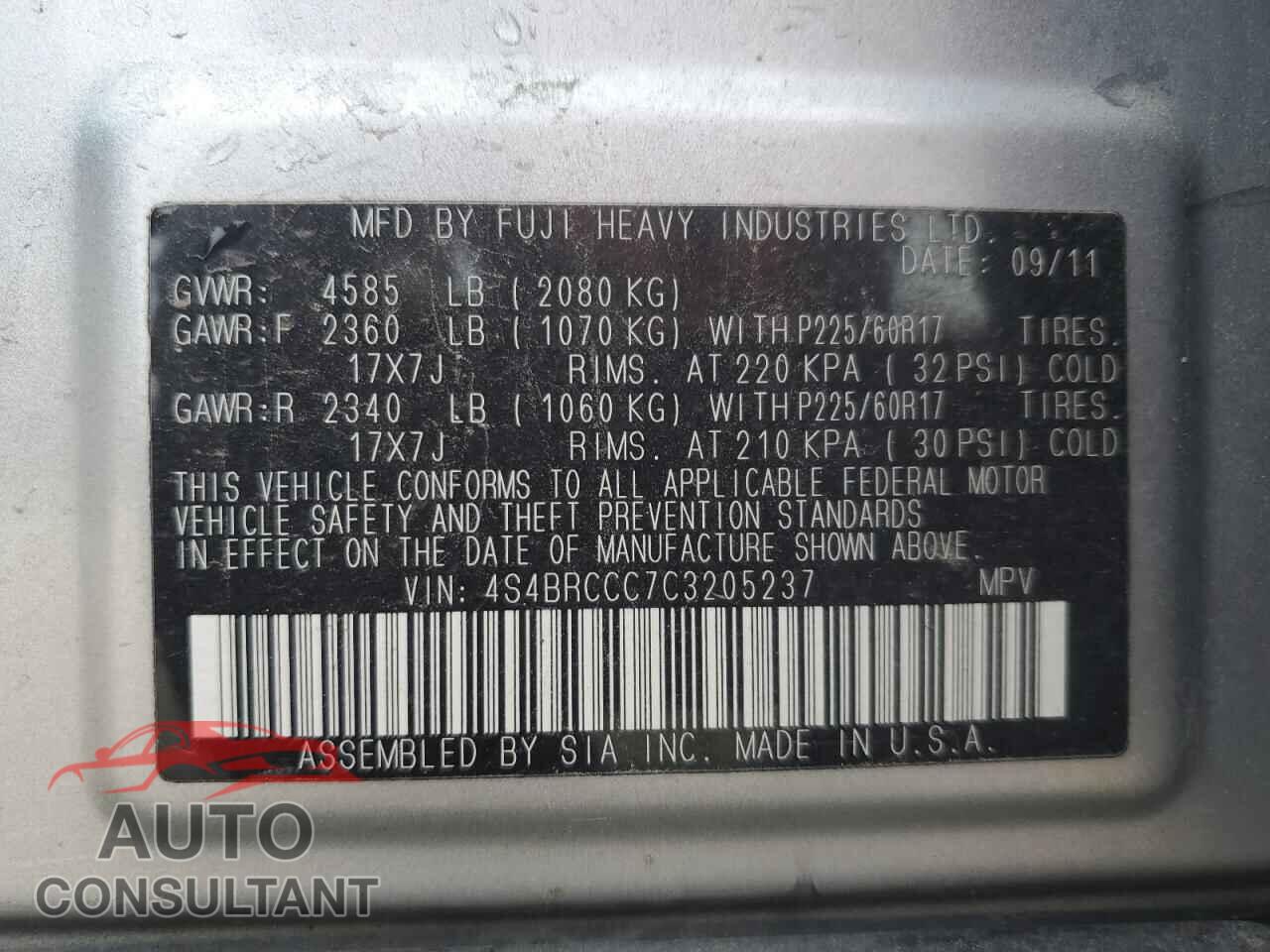 SUBARU OUTBACK 2012 - 4S4BRCCC7C3205237