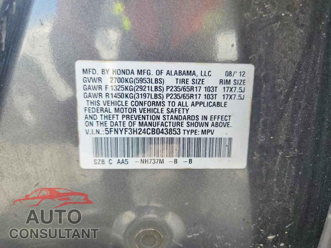 HONDA PILOT 2012 - 5FNYF3H24CB043853