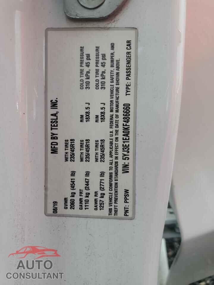TESLA MODEL 3 2019 - 5YJ3E1EA0KF486660