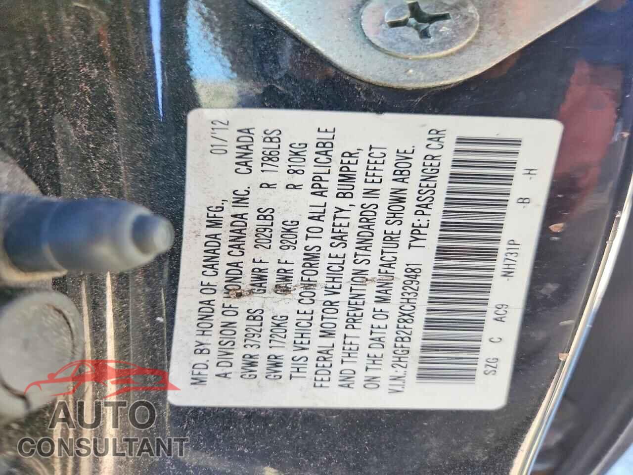 HONDA CIVIC 2012 - 2HGFB2F8XCH329481