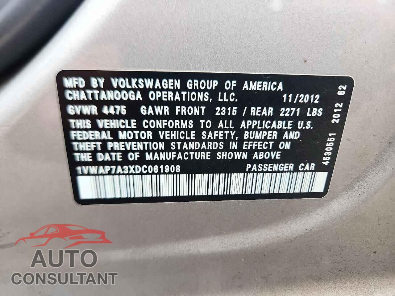 VOLKSWAGEN PASSAT 2013 - 1VWAP7A3XDC061908